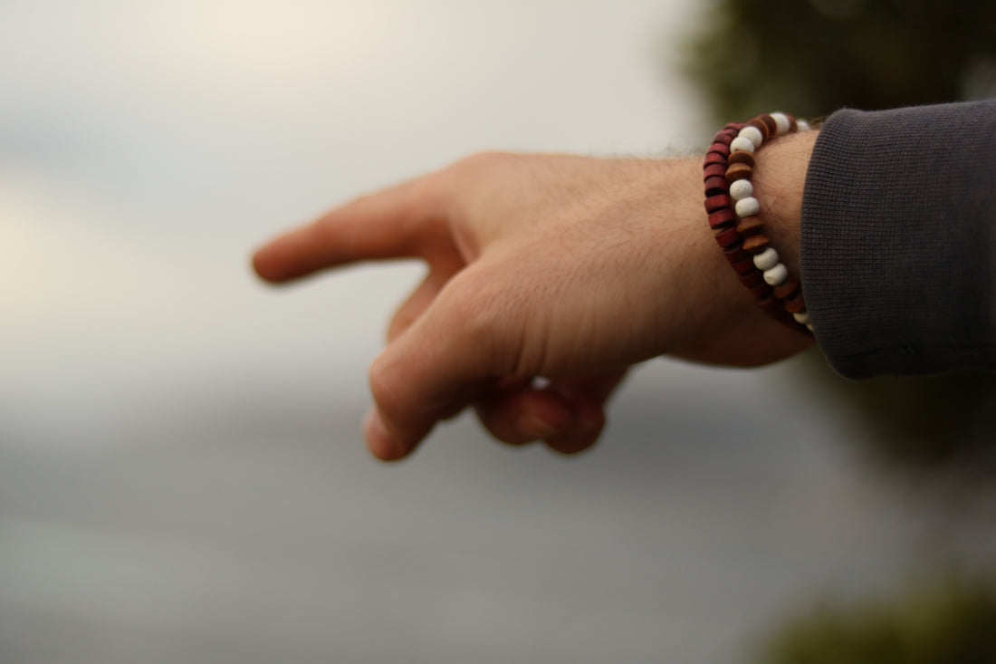 A hand pointing to the left with a bracelet.