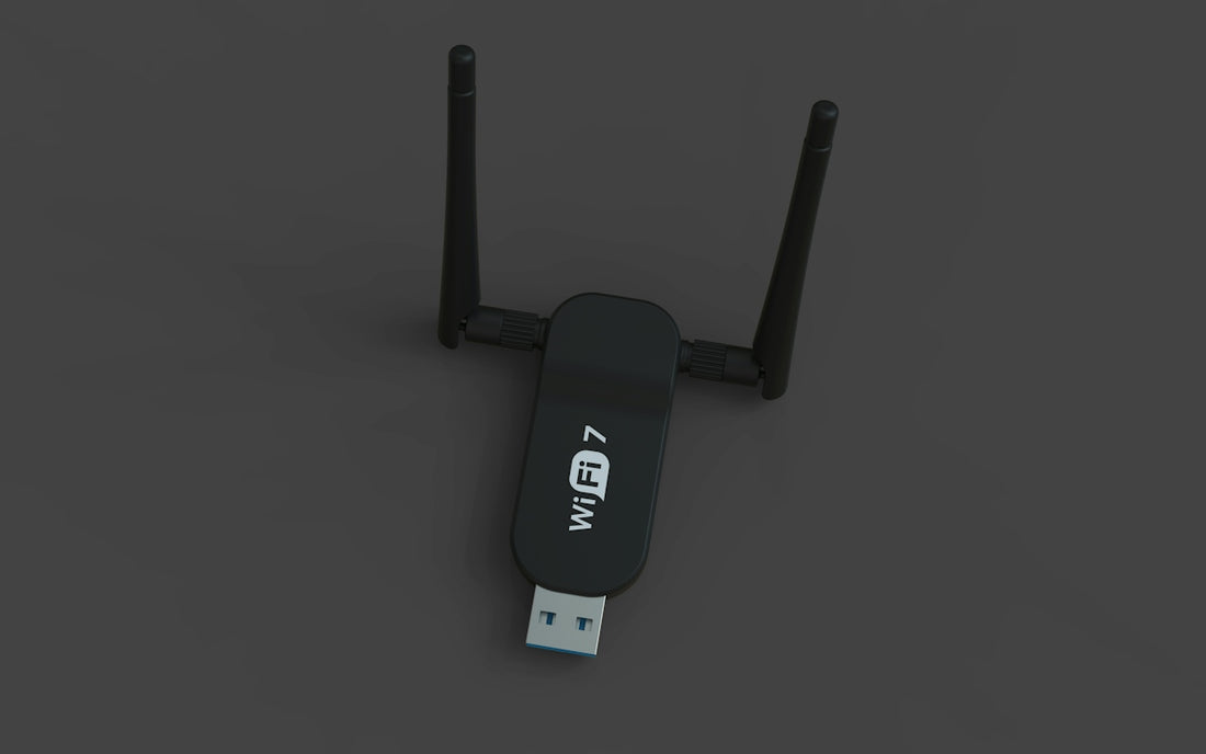 A black usb wifi 7 adapter with two antennas.